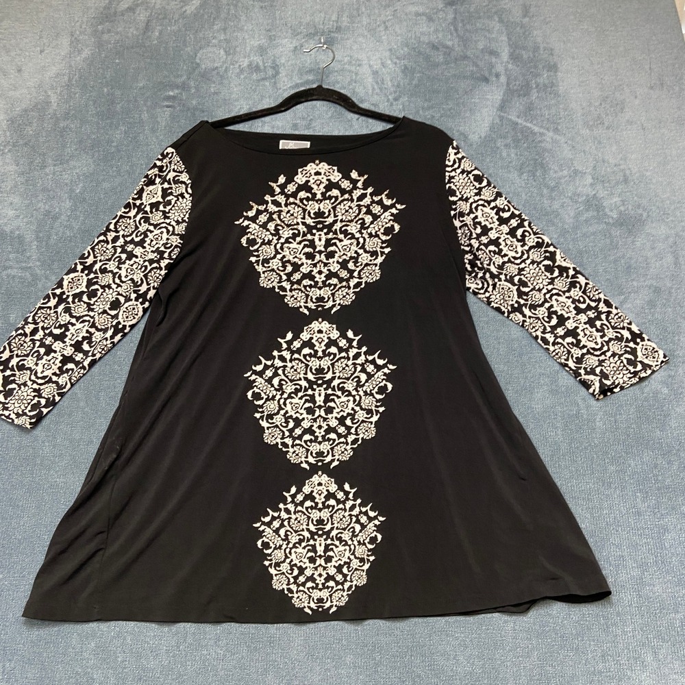 JM Collection Tunic Top Women Large Black White Damask Print Rhinestone Stretch